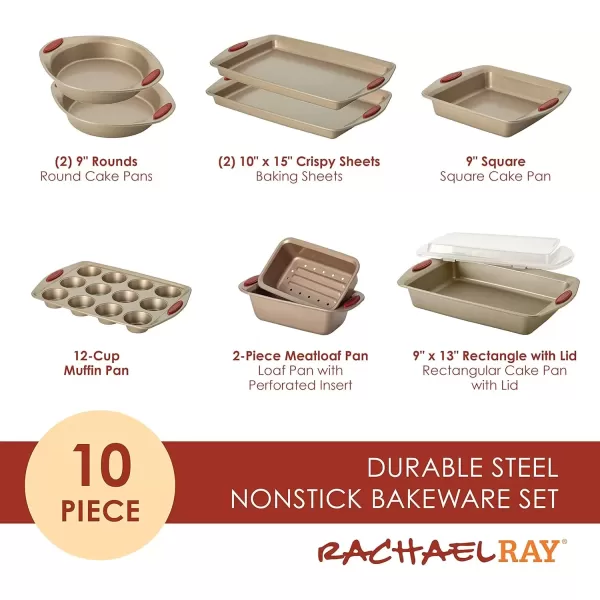 imageRachael Ray Cucina Bakeware Set Includes Nonstick Bread Baking Cookie Sheet and Cake Pans 5 Piece Latte Brown with Agave Blue GripsLatte Brown with Cranberry Red Grips