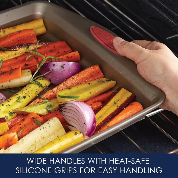 imageRachael Ray Cucina Bakeware Set Includes Nonstick Bread Baking Cookie Sheet and Cake Pans 5 Piece Latte Brown with Agave Blue GripsLatte Brown with Cranberry Red Grips