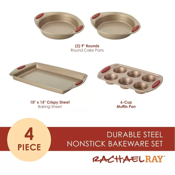 imageRachael Ray Cucina Bakeware Set Includes Nonstick Bread Baking Cookie Sheet and Cake Pans 5 Piece Latte Brown with Agave Blue GripsLatte Brown with Cranberry Red Grips