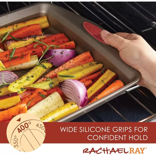 imageRachael Ray Cucina Bakeware Set Includes Nonstick Bread Baking Cookie Sheet and Cake Pans 5 Piece Latte Brown with Agave Blue GripsLatte Brown with Cranberry Red Grips
