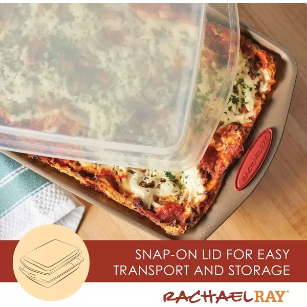 imageRachael Ray Cucina Bakeware Set Includes Nonstick Bread Baking Cookie Sheet and Cake Pans 5 Piece Latte Brown with Agave Blue GripsLatte Brown with Cranberry Red Grips