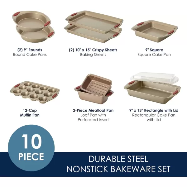 imageRachael Ray Cucina Bakeware Set Includes Nonstick Bread Baking Cookie Sheet and Cake Pans 5 Piece Latte Brown with Agave Blue GripsLatte Brown with Cranberry Red Grips