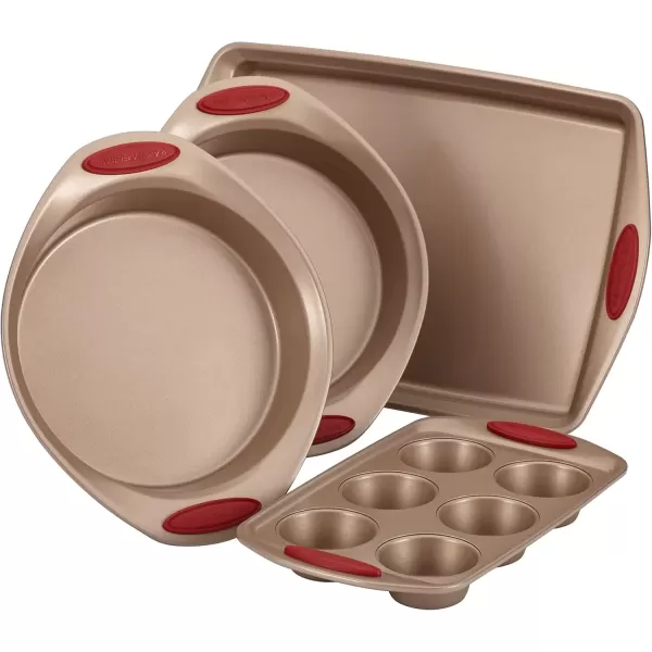 imageRachael Ray Cucina Bakeware Set Includes Nonstick Bread Baking Cookie Sheet and Cake Pans 5 Piece Latte Brown with Agave Blue GripsLatte Brown with Cranberry Red Grips