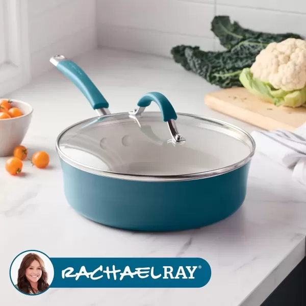 imageRachael Ray Cucina Ceramic Nonstick Saute Pan with Lid 3 Quart Non Stick Sauteuse Pan Dishwasher Safe  AlmondMarine Blue