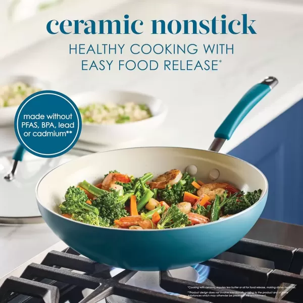 imageRachael Ray Cucina Ceramic Nonstick Saute Pan with Lid 3 Quart Non Stick Sauteuse Pan Dishwasher Safe  AlmondMarine Blue