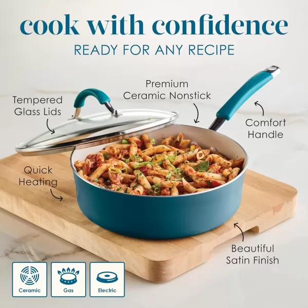 imageRachael Ray Cucina Ceramic Nonstick Saute Pan with Lid 3 Quart Non Stick Sauteuse Pan Dishwasher Safe  AlmondMarine Blue