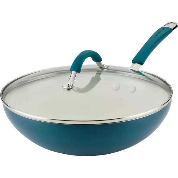 imageRachael Ray Cucina Ceramic Nonstick Saute Pan with Lid 3 Quart Non Stick Sauteuse Pan Dishwasher Safe  AlmondMarine Blue