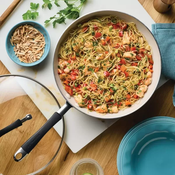 imageRachael Ray Cucina Ceramic Nonstick Saute Pan with Lid 3 Quart Non Stick Sauteuse Pan Dishwasher Safe  AlmondPeppercorn
