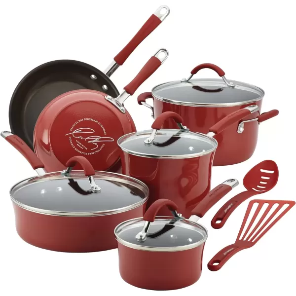 imageRachael Ray  16802 Rachael Ray Cucina Nonstick Cookware Pots and Pans Set 12 Piece Sea Salt GrayCranberry Red