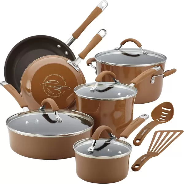 imageRachael Ray  16802 Rachael Ray Cucina Nonstick Cookware Pots and Pans Set 12 Piece Sea Salt GrayMushroom Brown