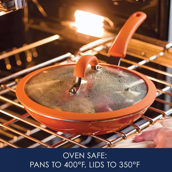 imageRachael Ray Cook  Create Nonstick Pots and Pans Set with Universal SpaceSaving Lids Baking PanCookie Sheet and Kitchen Cooking Tools Cookware Set 11 Piece  Orange