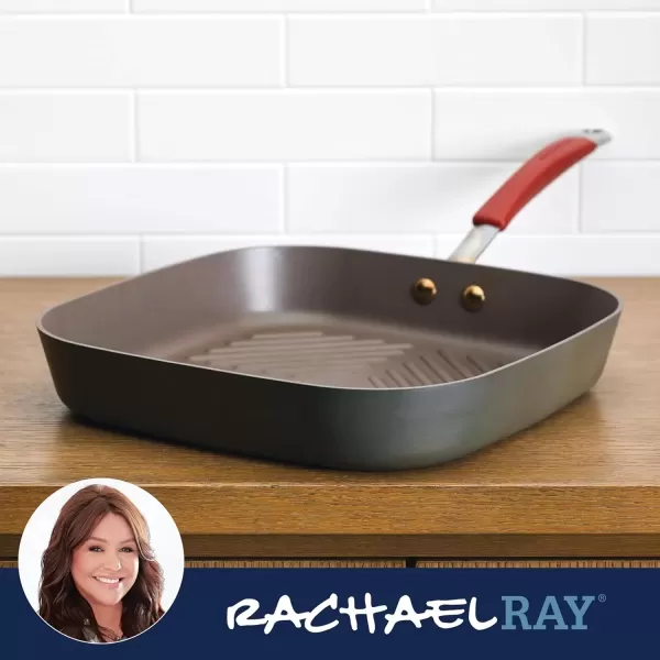 imageRachael Ray Cucina Hard Anodized Nonstick GrillDeep Square Griddle Pan 11 Inch Gray with Red HandlesGray with Red Handles