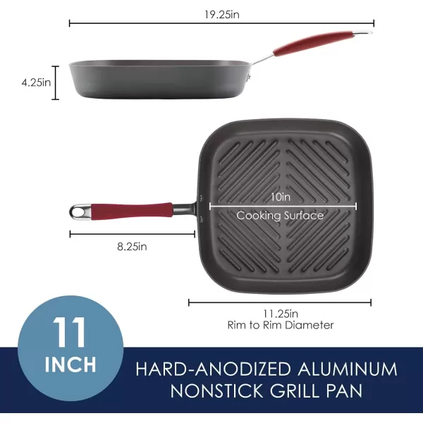 imageRachael Ray Cucina Hard Anodized Nonstick GrillDeep Square Griddle Pan 11 Inch Gray with Red HandlesGray with Red Handles