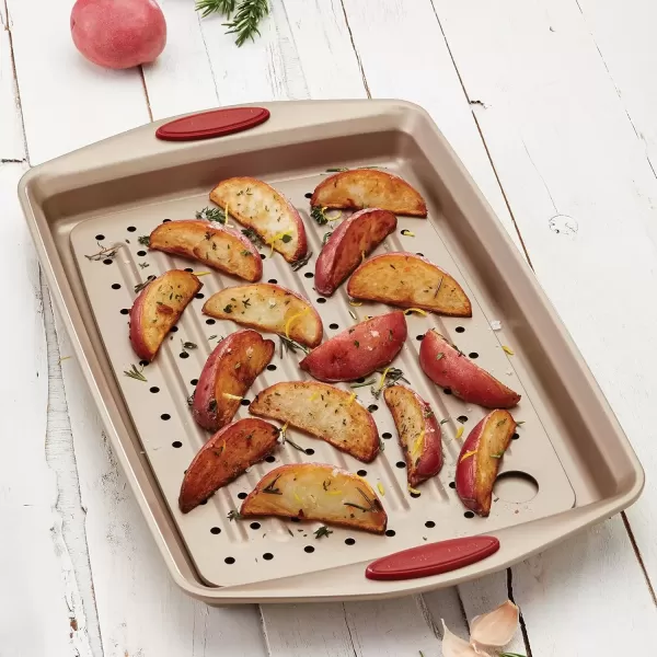 imageRachael Ray Cucina Nonstick Bakeware Set with Grips Nonstick Cookie Sheet  Baking Sheet and Crisper Pan  2 Piece Latte Brown with Agave Blue Handle GripsLatte Brown with Cranberry Red Handle Grips