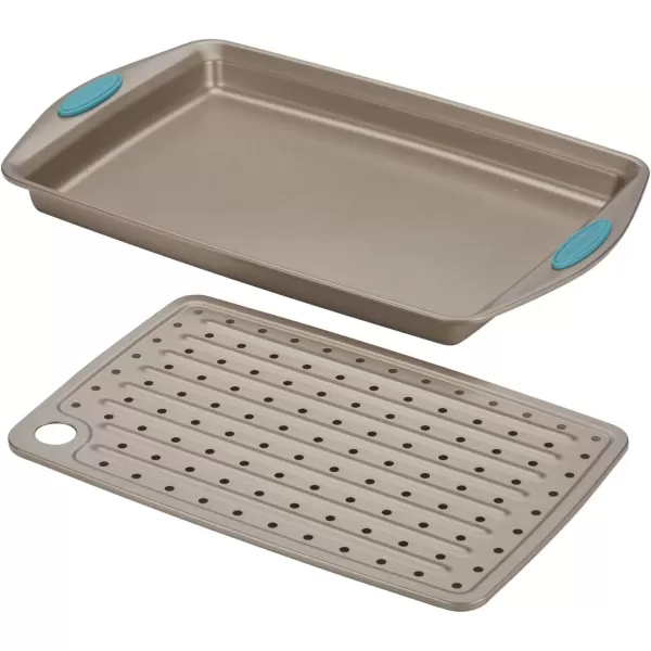 imageRachael Ray Cucina Nonstick Bakeware Set with Grips Nonstick Cookie Sheet  Baking Sheet and Crisper Pan  2 Piece Latte Brown with Agave Blue Handle GripsLatte Brown with Agave Blue Handle Grips