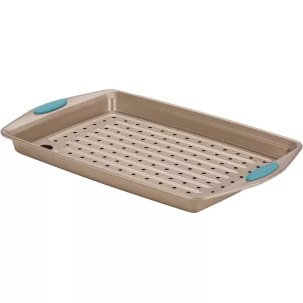 imageRachael Ray Cucina Nonstick Bakeware Set with Grips Nonstick Cookie Sheet  Baking Sheet and Crisper Pan  2 Piece Latte Brown with Agave Blue Handle GripsLatte Brown with Agave Blue Handle Grips