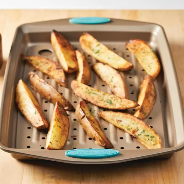 imageRachael Ray Cucina Nonstick Bakeware Set with Grips Nonstick Cookie Sheet  Baking Sheet and Crisper Pan  2 Piece Latte Brown with Agave Blue Handle GripsLatte Brown with Agave Blue Handle Grips