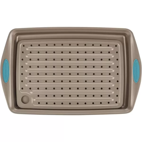 imageRachael Ray Cucina Nonstick Bakeware Set with Grips Nonstick Cookie Sheet  Baking Sheet and Crisper Pan  2 Piece Latte Brown with Agave Blue Handle GripsLatte Brown with Agave Blue Handle Grips