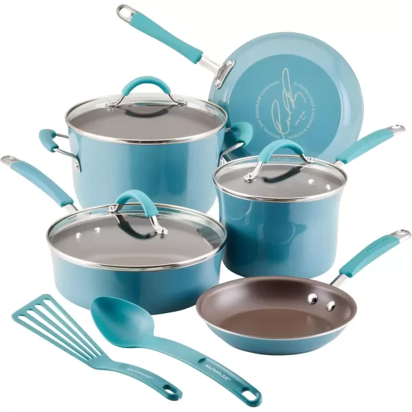 imageRachael Ray Cucina Nonstick CookwarePots and Pans Set 10 Piece  Sea Salt GrayAgave Blue
