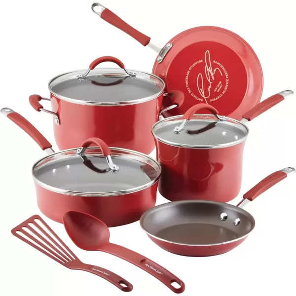 imageRachael Ray Cucina Nonstick CookwarePots and Pans Set 10 Piece  Sea Salt GrayCranberry Red