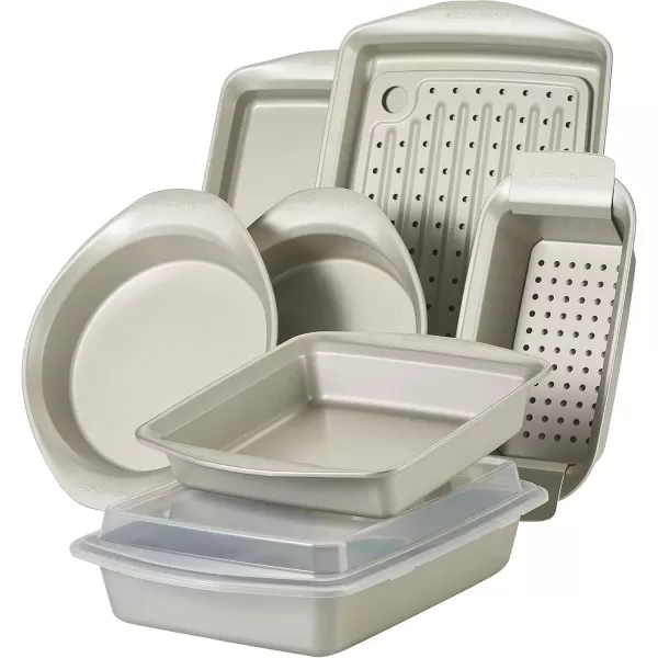 imageRachael Ray Nonstick Bakeware Set without Grips includes Nonstick Baking Pan with Lid and Muffin Pan  Cupcake Pan  3 Piece Silver10 Piece