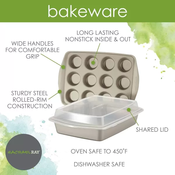 imageRachael Ray Nonstick Bakeware Set without Grips includes Nonstick Baking Pan with Lid and Muffin Pan  Cupcake Pan  3 Piece Silver3 Piece