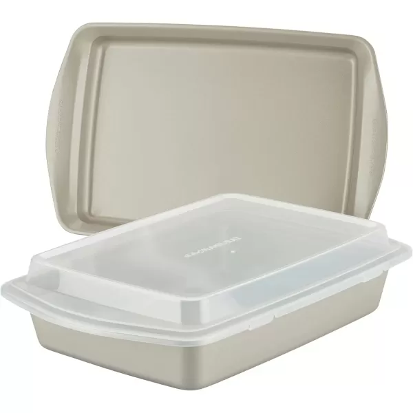 imageRachael Ray Nonstick Bakeware Set without Grips includes Nonstick Baking Pan with Lid and Muffin Pan  Cupcake Pan  3 Piece Silver3 Piece