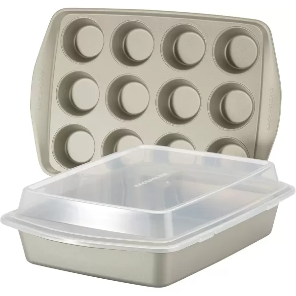 imageRachael Ray Nonstick Bakeware Set without Grips includes Nonstick Baking Pan with Lid and Muffin Pan  Cupcake Pan  3 Piece Silver3 Piece