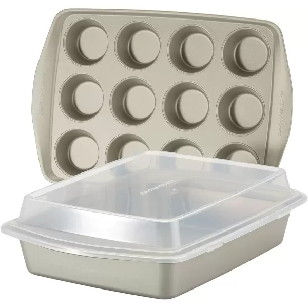 imageRachael Ray Nonstick Bakeware Set without Grips includes Nonstick Baking Pan with Lid and Muffin Pan  Cupcake Pan  3 Piece Silver3Piece