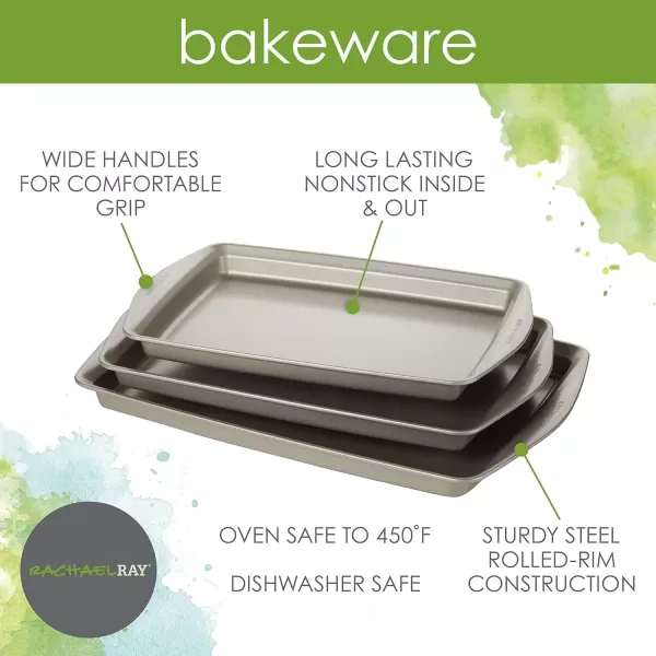 imageRachael Ray Nonstick Bakeware Set without Grips includes Nonstick Baking Pan with Lid and Muffin Pan  Cupcake Pan  3 Piece Silver3Piece
