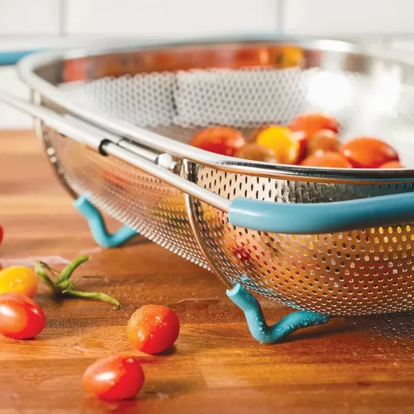 imageRachael Ray Tools and Gadgets OverTheSink ColanderStrainer for Pasta Fruits Veggies Expandable Silicone Grips Dishwasher Safe 45 Quart Stainless Steel with Gray HandlesStainless Steel with Agave Blue Handles