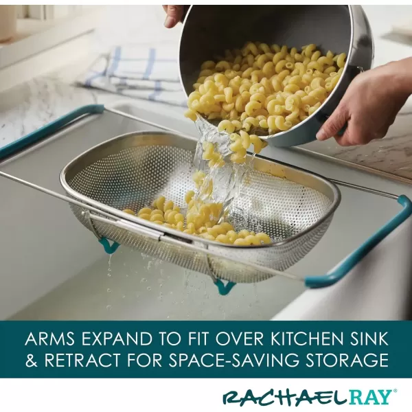 imageRachael Ray Tools and Gadgets OverTheSink ColanderStrainer for Pasta Fruits Veggies Expandable Silicone Grips Dishwasher Safe 45 Quart Stainless Steel with Gray HandlesStainless Steel with Agave Blue Handles