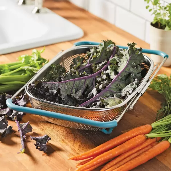 imageRachael Ray Tools and Gadgets OverTheSink ColanderStrainer for Pasta Fruits Veggies Expandable Silicone Grips Dishwasher Safe 45 Quart Stainless Steel with Gray HandlesStainless Steel with Agave Blue Handles