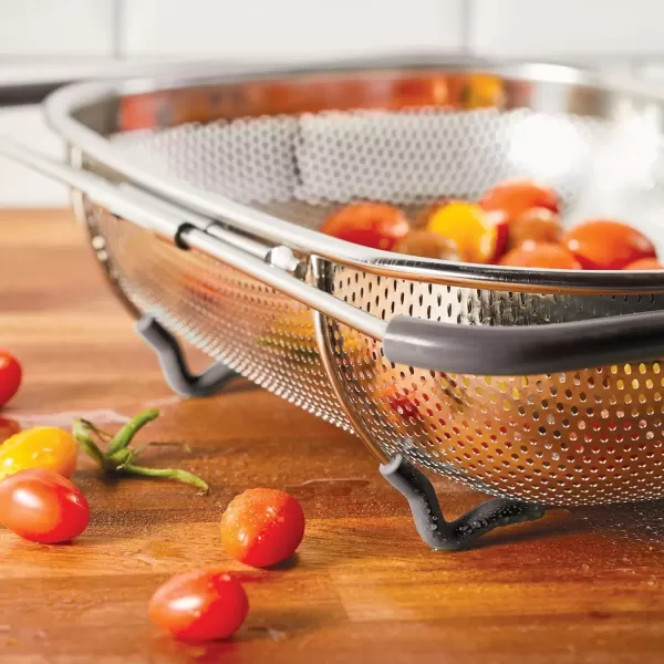 imageRachael Ray Tools and Gadgets OverTheSink ColanderStrainer for Pasta Fruits Veggies Expandable Silicone Grips Dishwasher Safe 45 Quart Stainless Steel with Gray HandlesStainless Steel with Gray Handles