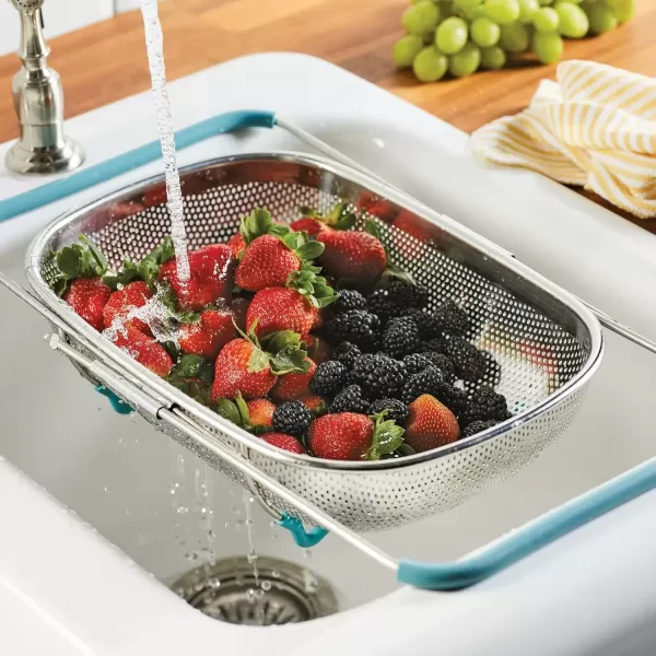 imageRachael Ray Tools and Gadgets OverTheSink ColanderStrainer for Pasta Fruits Veggies Expandable Silicone Grips Dishwasher Safe 45 Quart Stainless Steel with Gray HandlesStainless Steel with Agave Blue Handles