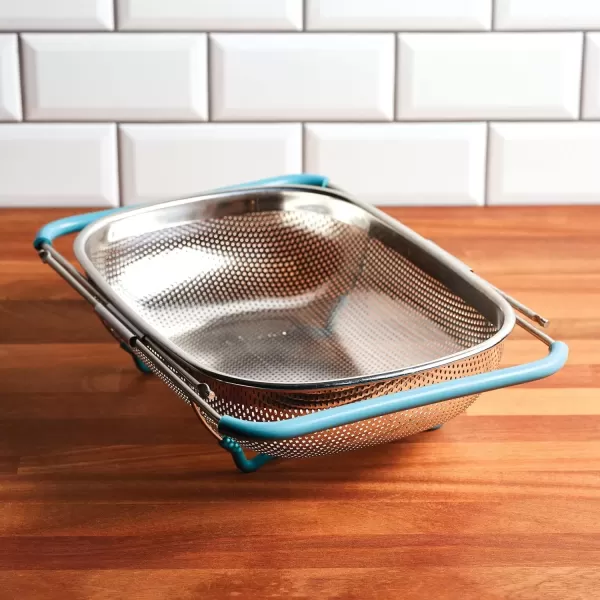 imageRachael Ray Tools and Gadgets OverTheSink ColanderStrainer for Pasta Fruits Veggies Expandable Silicone Grips Dishwasher Safe 45 Quart Stainless Steel with Gray HandlesStainless Steel with Agave Blue Handles