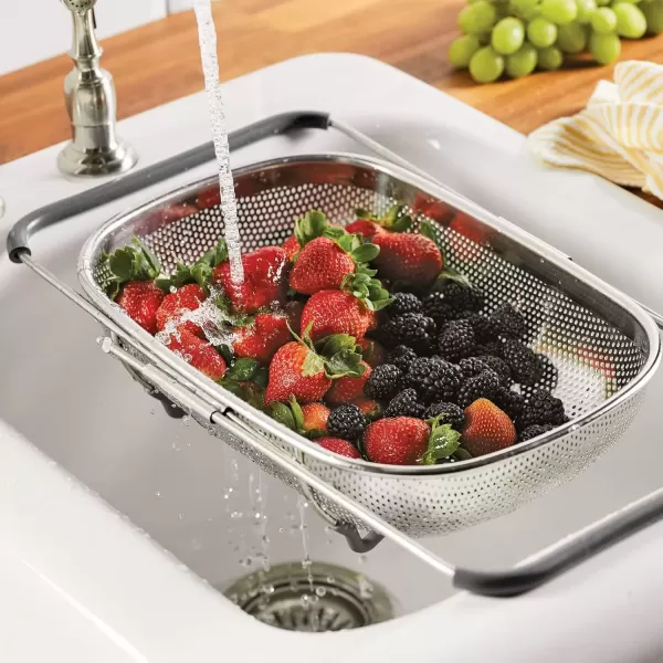 imageRachael Ray Tools and Gadgets OverTheSink ColanderStrainer for Pasta Fruits Veggies Expandable Silicone Grips Dishwasher Safe 45 Quart Stainless Steel with Gray HandlesStainless Steel with Gray Handles