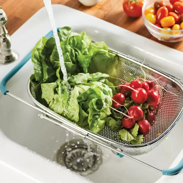 imageRachael Ray Tools and Gadgets OverTheSink ColanderStrainer for Pasta Fruits Veggies Expandable Silicone Grips Dishwasher Safe 45 Quart Stainless Steel with Gray HandlesStainless Steel with Agave Blue Handles