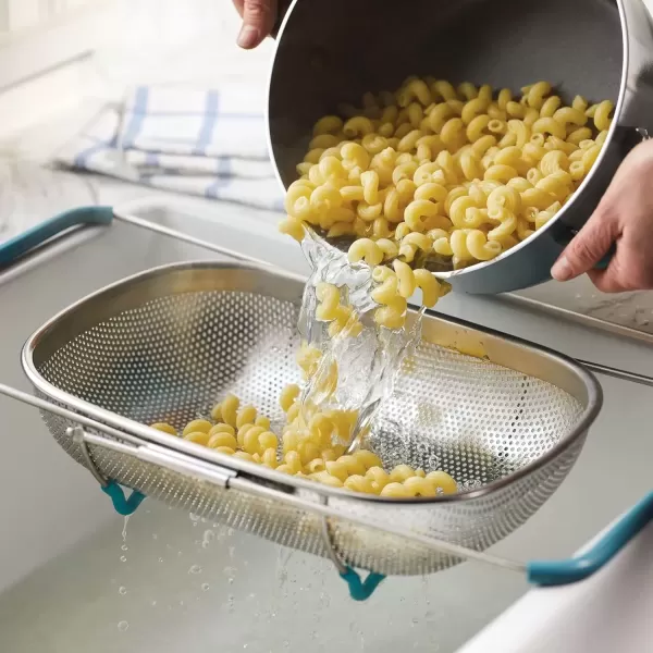 imageRachael Ray Tools and Gadgets OverTheSink ColanderStrainer for Pasta Fruits Veggies Expandable Silicone Grips Dishwasher Safe 45 Quart Stainless Steel with Gray HandlesStainless Steel with Agave Blue Handles