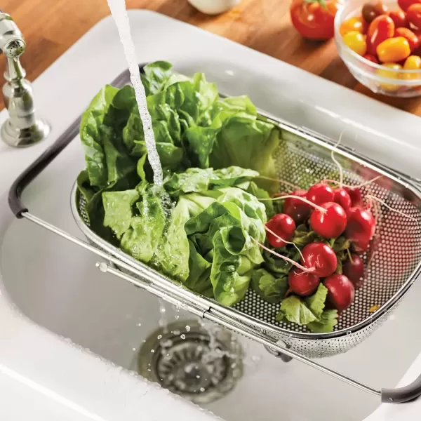 imageRachael Ray Tools and Gadgets OverTheSink ColanderStrainer for Pasta Fruits Veggies Expandable Silicone Grips Dishwasher Safe 45 Quart Stainless Steel with Gray HandlesStainless Steel with Gray Handles
