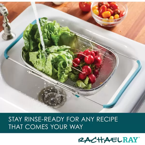 imageRachael Ray Tools and Gadgets OverTheSink ColanderStrainer for Pasta Fruits Veggies Expandable Silicone Grips Dishwasher Safe 45 Quart Stainless Steel with Gray HandlesStainless Steel with Agave Blue Handles