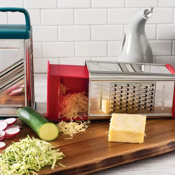 imageRachael Ray Tools and Gadgets Stainless Steel Box Grater for Vegetables Chocolate Hard Cheeses and more Teal BlueRed