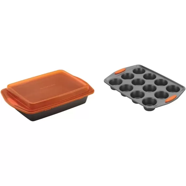 imageRachael Ray Yumo Nonstick Baking Pan With Grips Nonstick Cake Pan with Grips Rectangle  9 Inch x 13 Inch Gray with Red GripsGray with Orange Grips