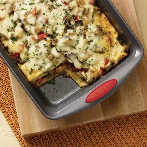 imageRachael Ray Yumo Nonstick Baking Pan With Grips Nonstick Cake Pan with Grips Rectangle  9 Inch x 13 Inch Gray with Red GripsGray with Red Grips