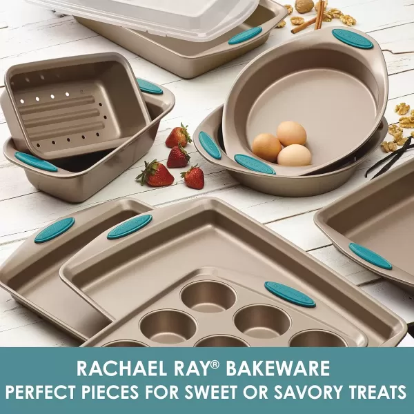 imageRachael Ray Yumo Nonstick Baking Pan With Grips Nonstick Cake Pan with Grips Rectangle  9 Inch x 13 Inch Gray with Red GripsLatte Brown with Agave Blue Grips
