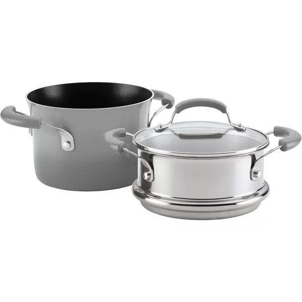 imageRachael Ray Brights Sauce PotSaucepot with Steamer Insert 3 Quart TwoTone RedTwoTone Sea Salt Gray