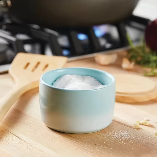 imageRachael Ray Solid Glaze Ceramics Salt and Spice Box with Wood Lid for Seasoning Cooking Serving 9 Ounce Light Blue Ombre