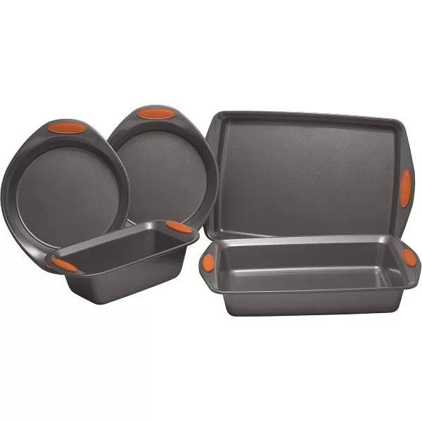 imageRachael Ray 55673 Nonstick Bakeware Set with Grips includes Nonstick Bread Pan Baking Pans and Cake Pans  5 Piece Gray with Orange Grips