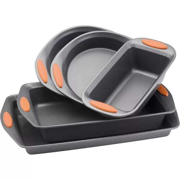 imageRachael Ray 55673 Nonstick Bakeware Set with Grips includes Nonstick Bread Pan Baking Pans and Cake Pans  5 Piece Gray with Orange Grips