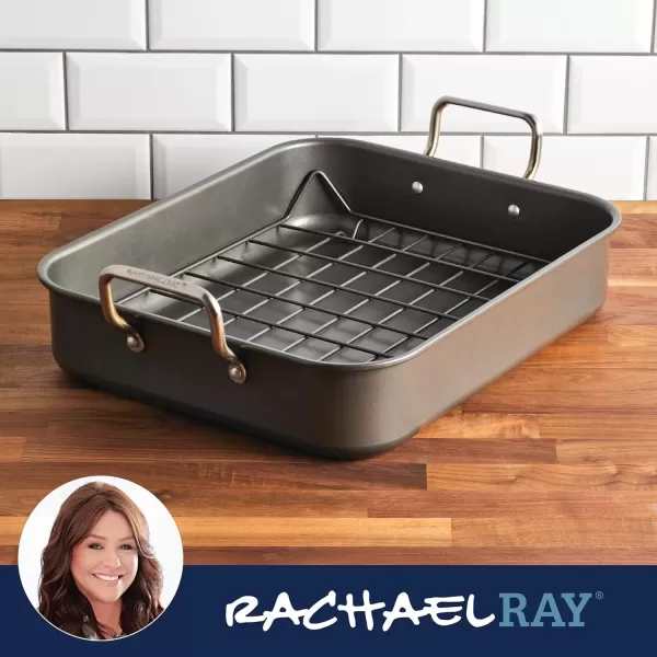imageRachael Ray Bakeware Nonstick RoasterRoasting Pan with Reversible Rack 165 Inch x 135 Inch GrayRoasting Pan